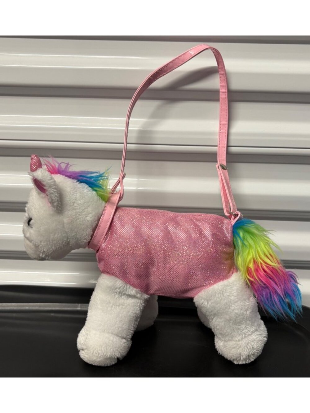 Plush Unicorn Purse Bag Adjustable Strap Rainbow Mane & Tail Sparkly Pink Body